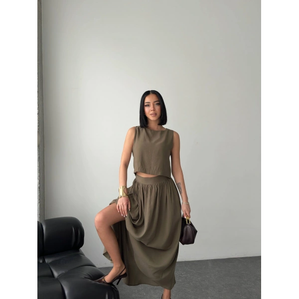 Krep kumaş ikili etekli takım