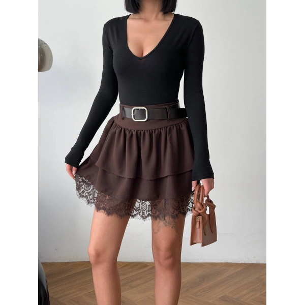 Bel Kemerli Dantel Detay şortlu etek