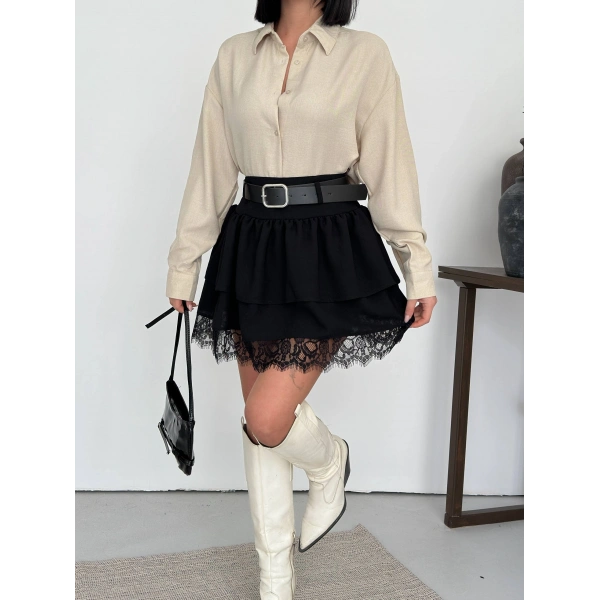 Bel Kemerli Dantel Detay şortlu etek