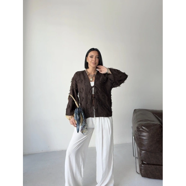 Keten Püskül Detaylı Kimono Ceket