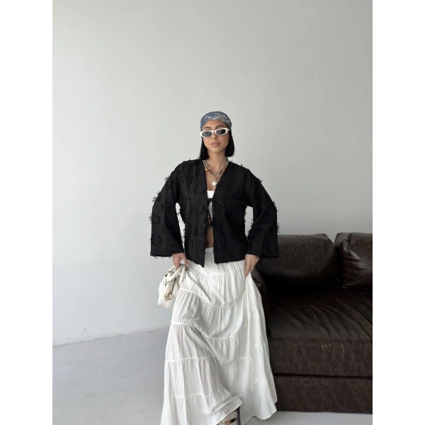 Keten Püskül Detaylı Kimono Ceket