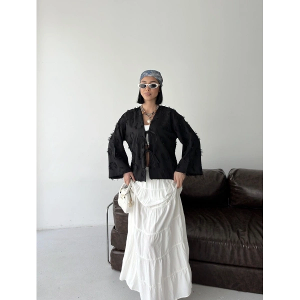 Keten Püskül Detaylı Kimono Ceket