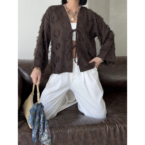 Keten Püskül Detaylı Kimono Ceket