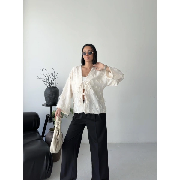 Keten Püskül Detaylı Kimono Ceket