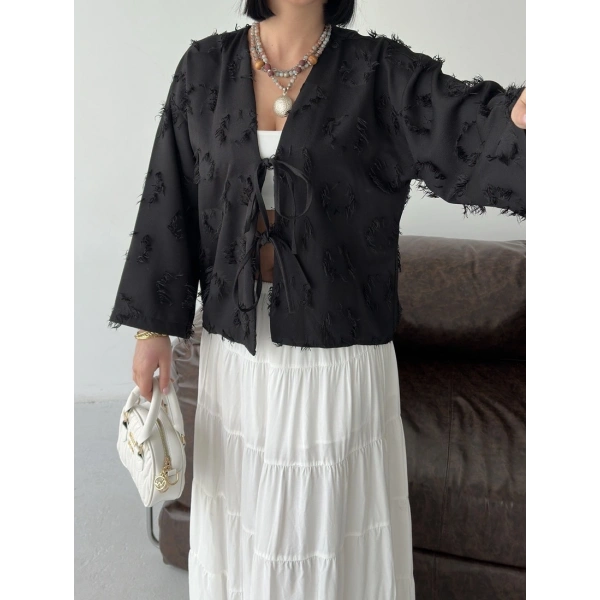 Keten Püskül Detaylı Kimono Ceket