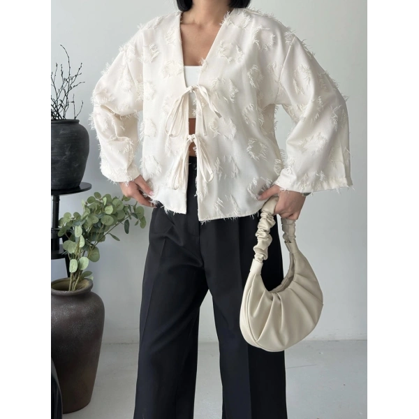 Keten Püskül Detaylı Kimono Ceket