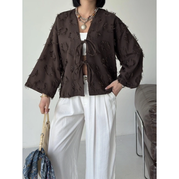 Keten Püskül Detaylı Kimono Ceket