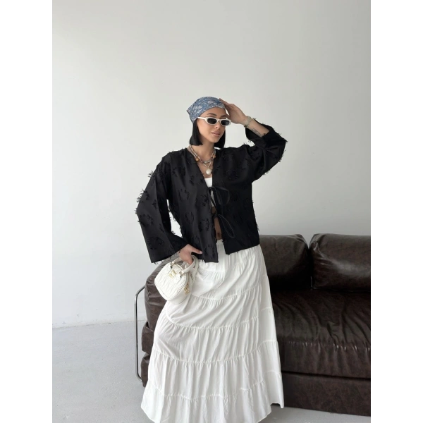 Keten Püskül Detaylı Kimono Ceket