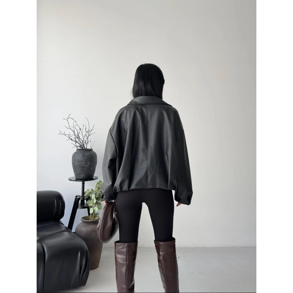 Oversize fermuarlı kemer detay deri ceket