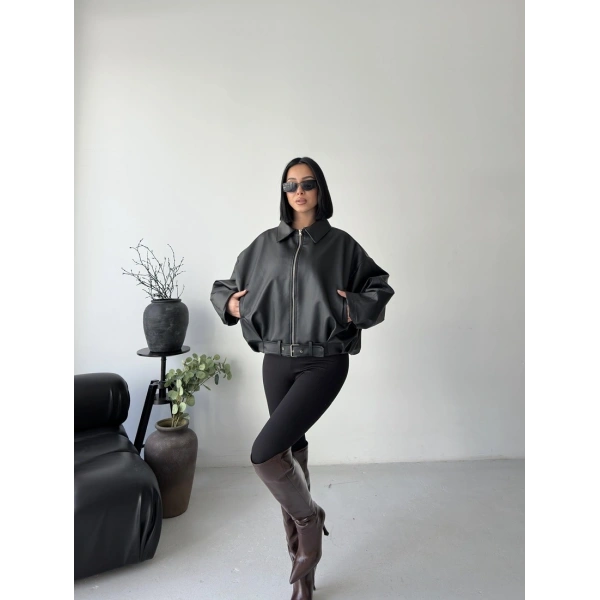 Oversize fermuarlı kemer detay deri ceket