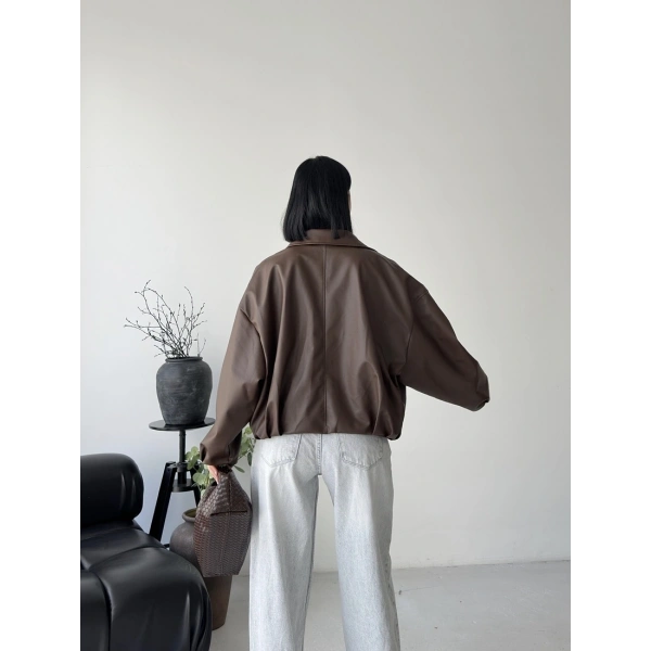 Oversize fermuarlı kemer detay deri ceket