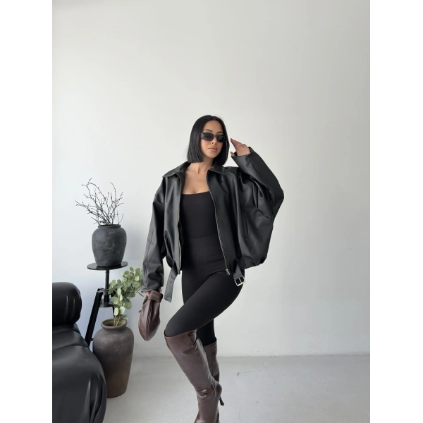 Oversize fermuarlı kemer detay deri ceket