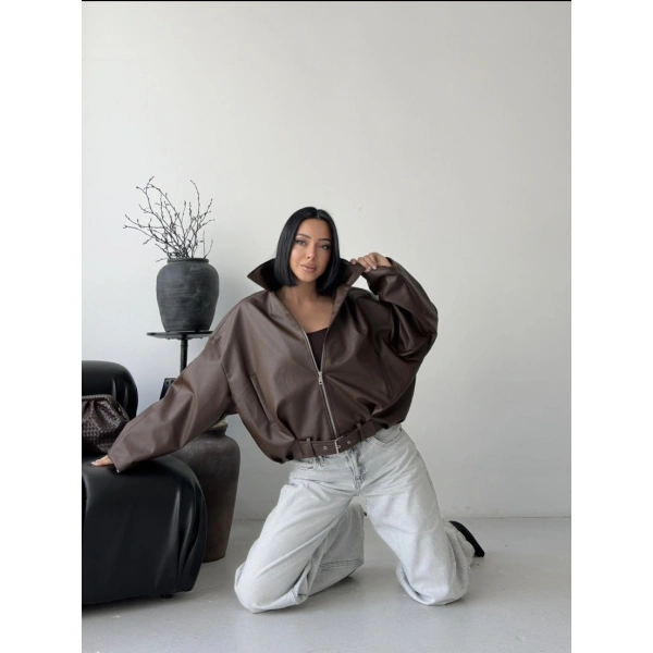 Oversize fermuarlı kemer detay deri ceket