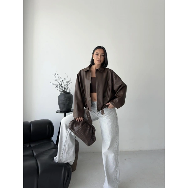 Oversize fermuarlı kemer detay deri ceket