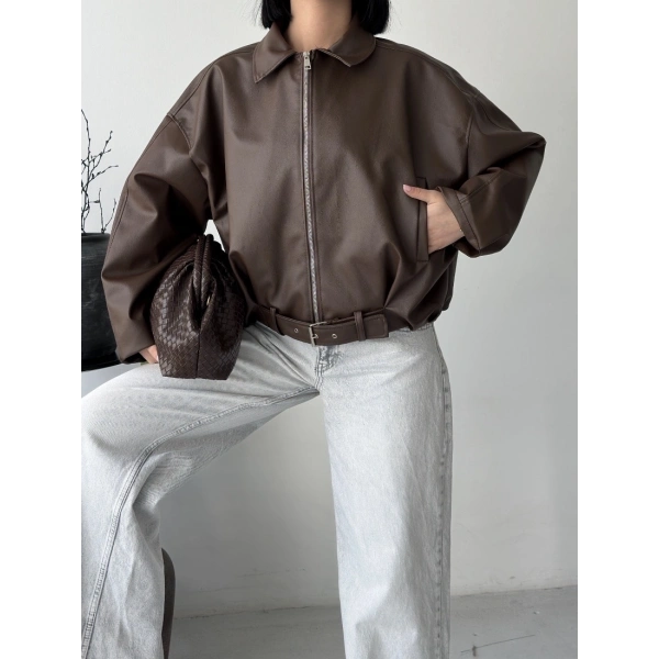 Oversize fermuarlı kemer detay deri ceket