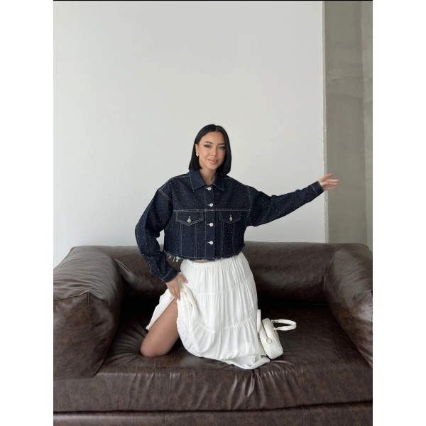 Taşlı Crop Denim Ceket