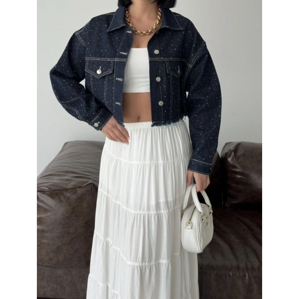 Taşlı Crop Denim Ceket