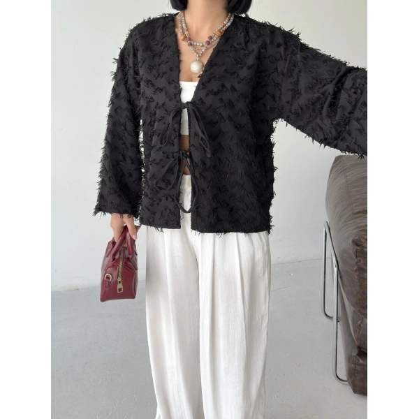 Bohem püskül detaylı bağlamalı ceket