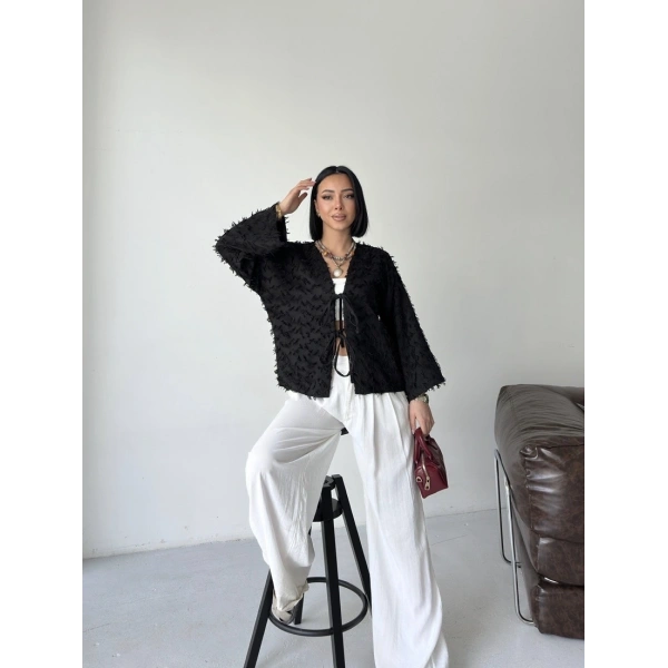 Bohem püskül detaylı bağlamalı ceket