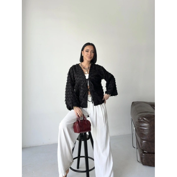 Bohem püskül detaylı bağlamalı ceket