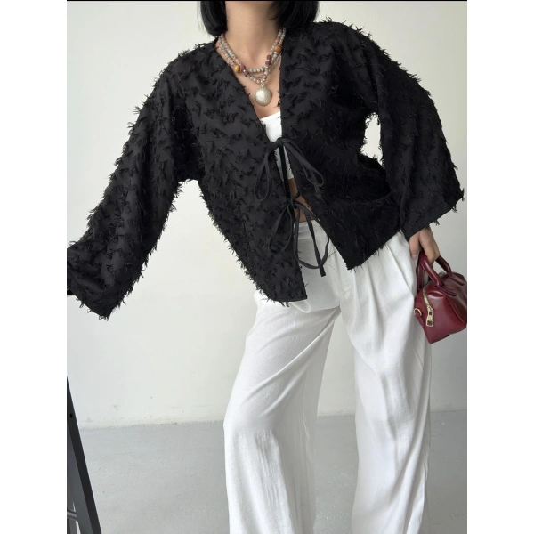 Bohem püskül detaylı bağlamalı ceket