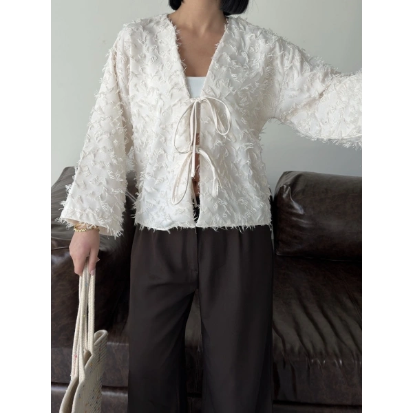 Bohem püskül detaylı bağlamalı ceket