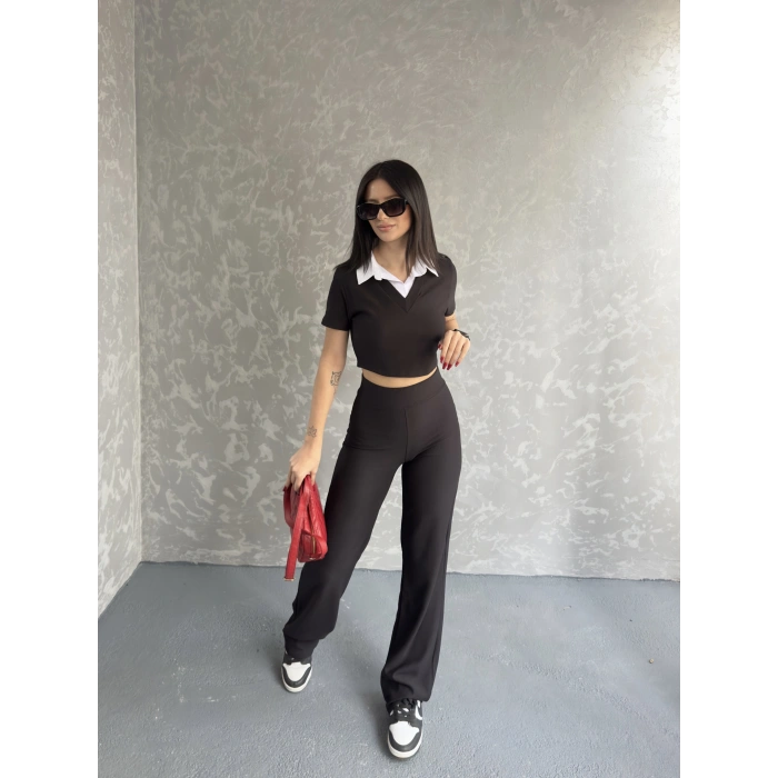 Gömlek yaka crop ve pantolonlu ikili takım