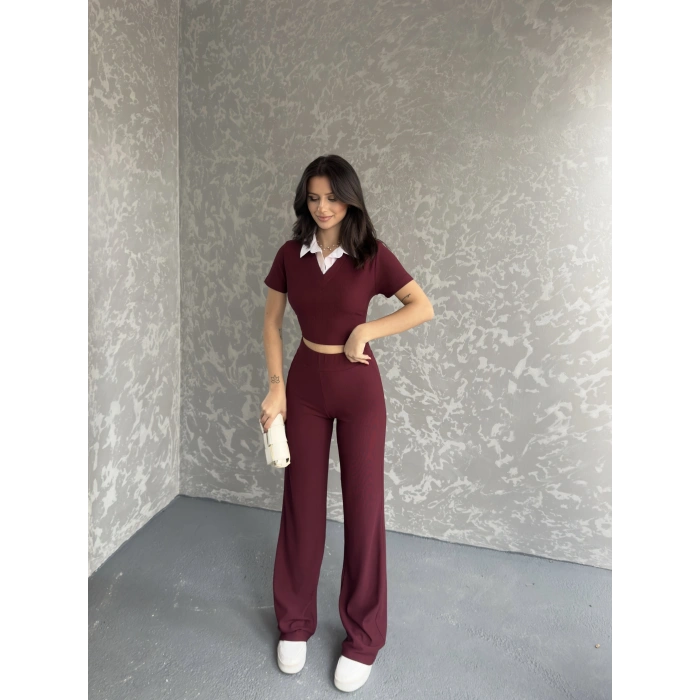 Gömlek yaka crop ve pantolonlu ikili takım