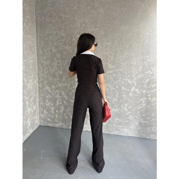 Gömlek yaka crop ve pantolonlu ikili takım