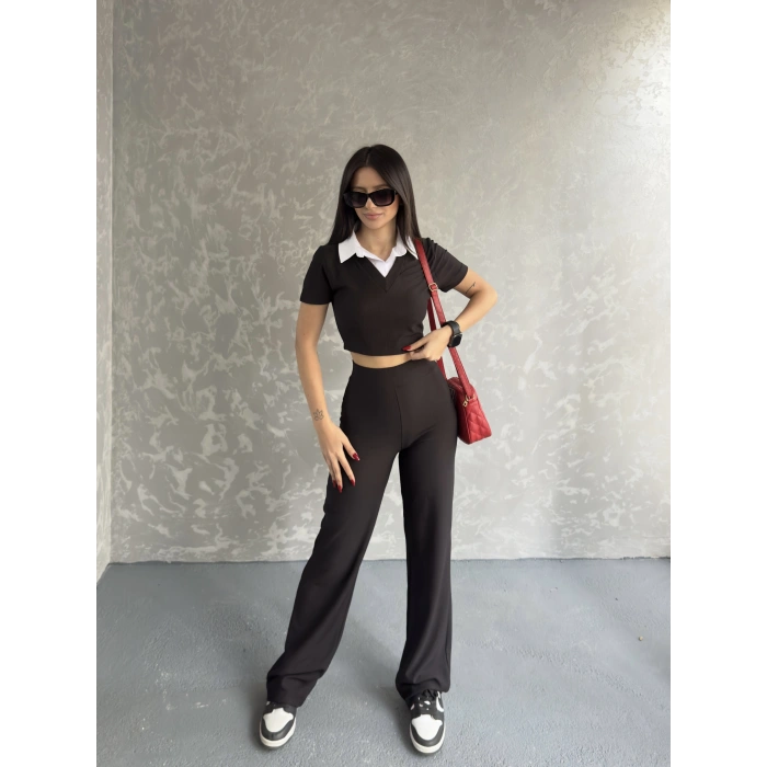 Gömlek yaka crop ve pantolonlu ikili takım