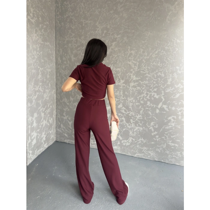 Gömlek yaka crop ve pantolonlu ikili takım