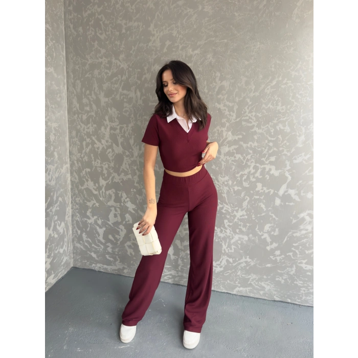 Gömlek yaka crop ve pantolonlu ikili takım