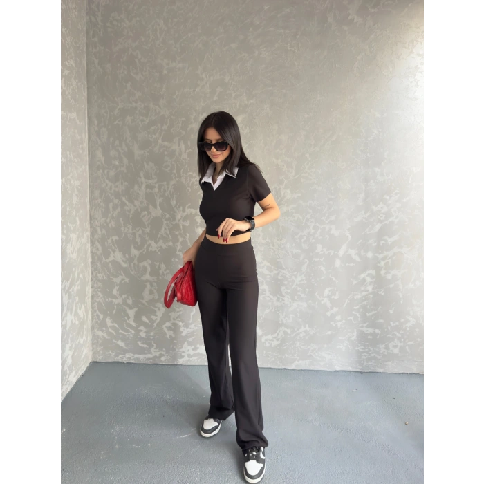 Gömlek yaka crop ve pantolonlu ikili takım
