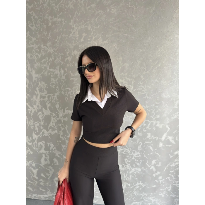 Gömlek yaka crop ve pantolonlu ikili takım