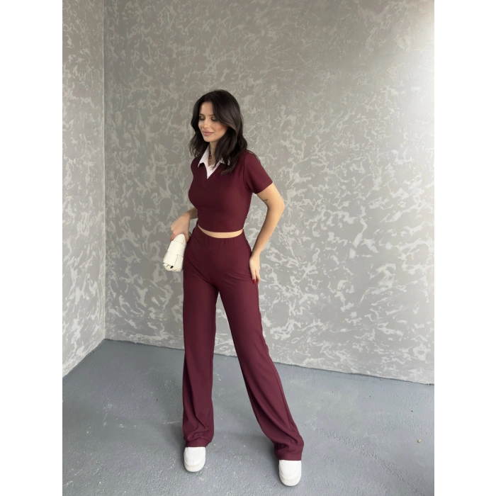 Gömlek yaka crop ve pantolonlu ikili takım