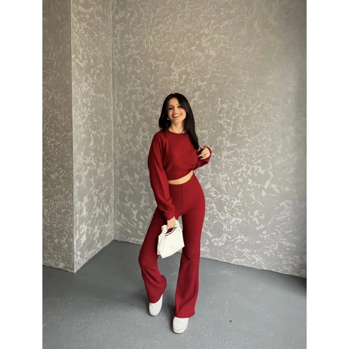 Fitili crop ve pantolonlu triko ikili takım