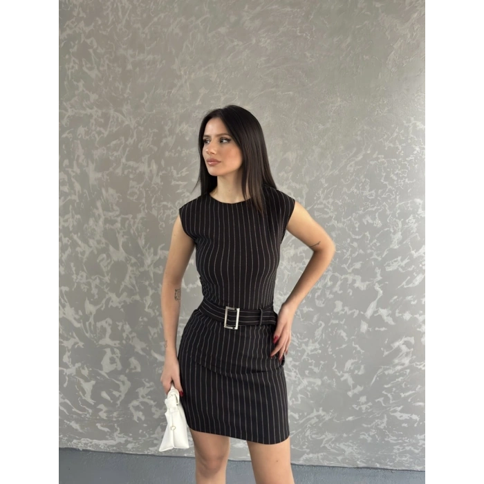 Çizgili Kemer detay mini elbise