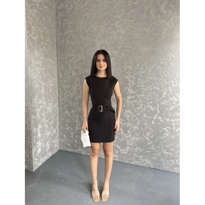 Çizgili Kemer detay mini elbise