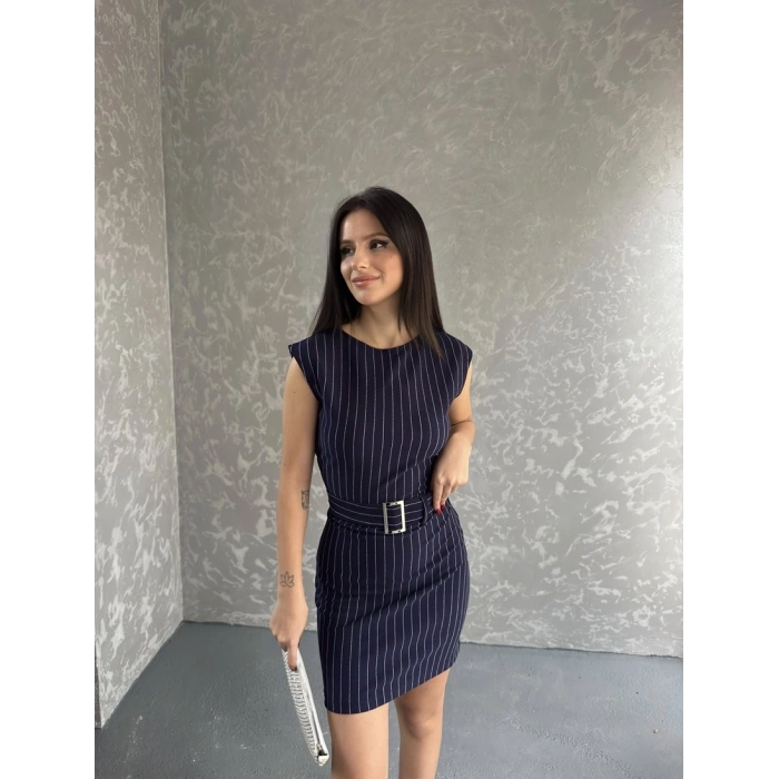 Çizgili Kemer detay mini elbise