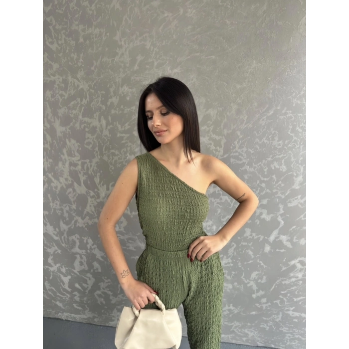 Gofre tek omuz bluz ve pantolonlu ikili takım 3 renk seçeneği