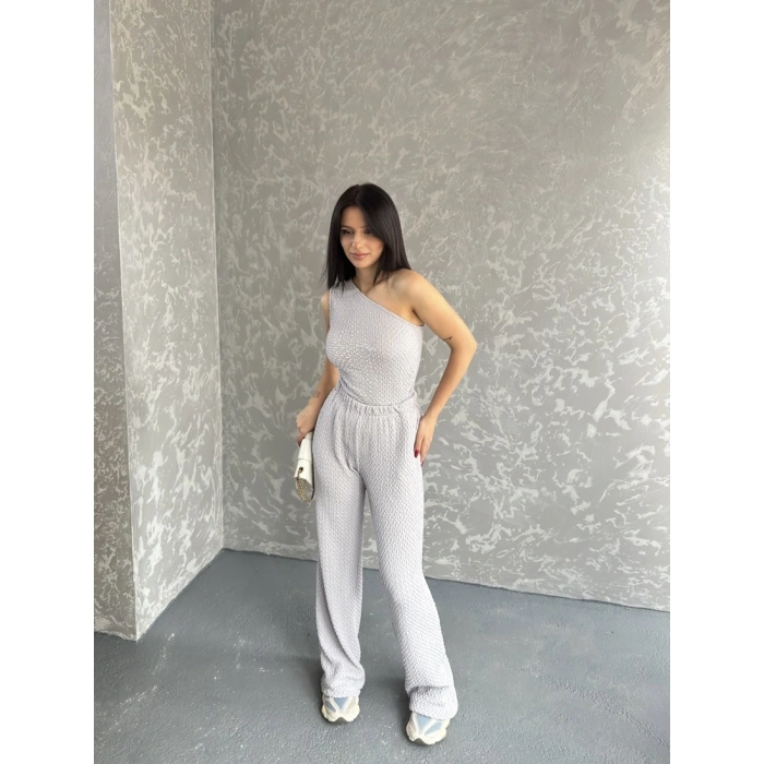Gofre tek omuz bluz ve pantolonlu ikili takım 3 renk seçeneği