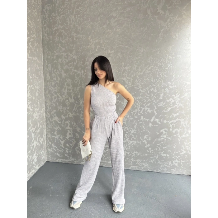 Gofre tek omuz bluz ve pantolonlu ikili takım 3 renk seçeneği