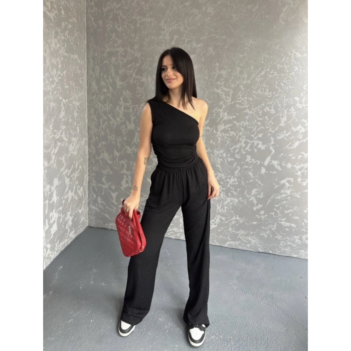 Gofre tek omuz bluz ve pantolonlu ikili takım 3 renk seçeneği