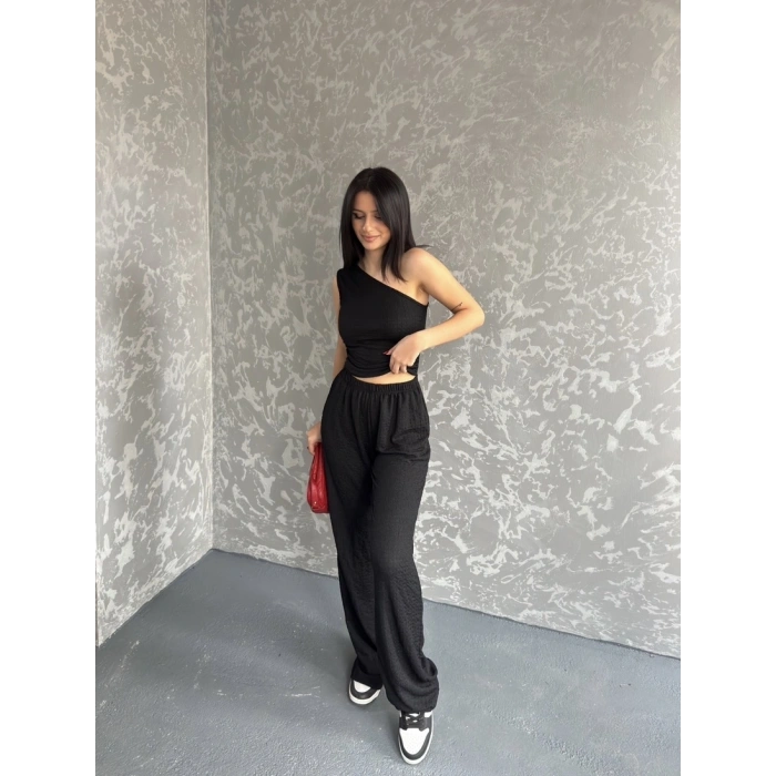 Gofre tek omuz bluz ve pantolonlu ikili takım 3 renk seçeneği