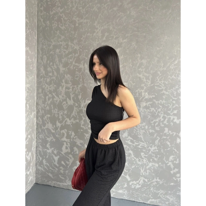 Gofre tek omuz bluz ve pantolonlu ikili takım 3 renk seçeneği