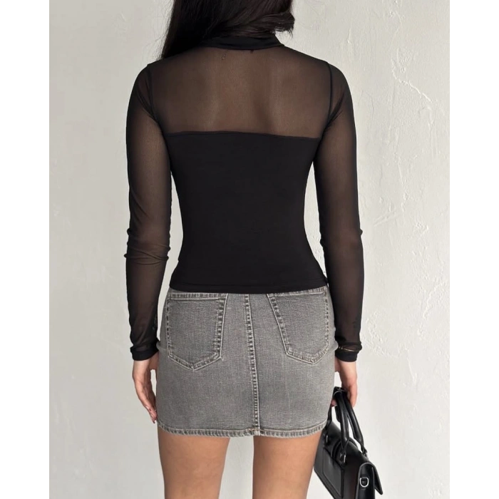 Sandy burgu detay tül garnili bluz