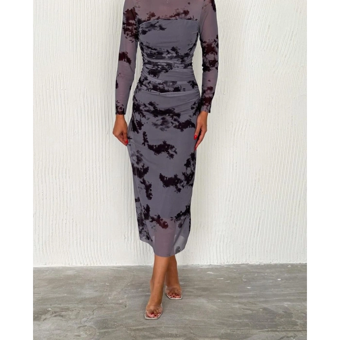 Drapeli dik yaka tül elbise