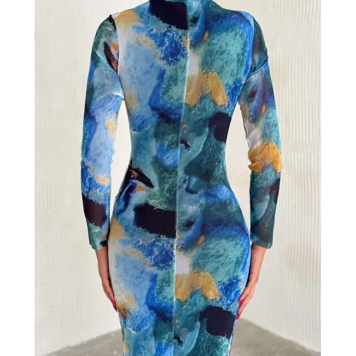 Drapeli dik yaka tül elbise