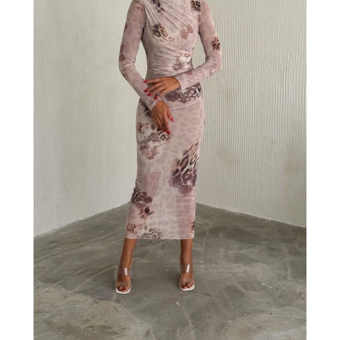 Drapeli dik yaka tül elbise