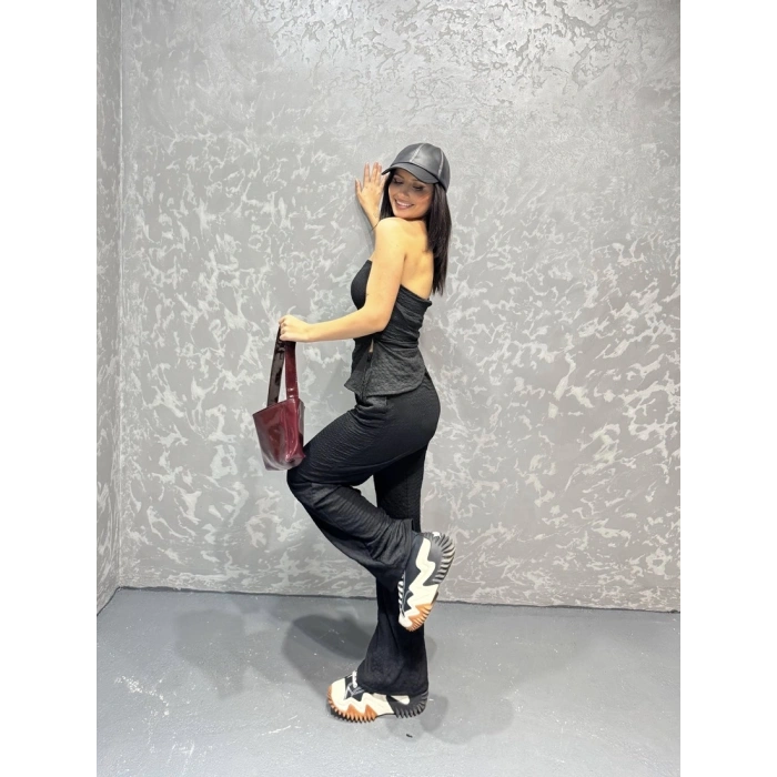 Straplez bluz ve pantolonlu gofre takım